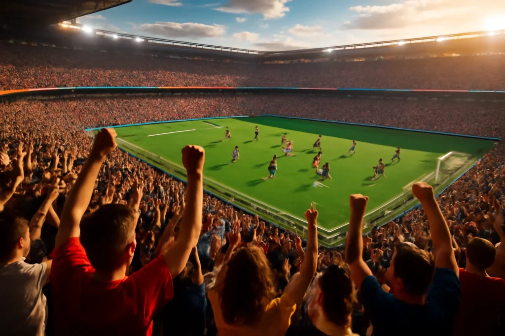 Newcastle x Tottenham: Acompanhe em Tempo Real os Lances da Rodada 14 da Premier League Imagem do estádio lotado em Newcastle, com torcida vibrando, destacando o jogo Newcastle x Tottenham acompanha em um ambiente esportivo vibrante.