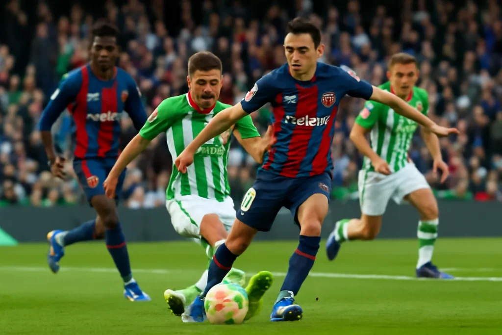 Jogadores do Betis e Barcelona em disputa pela posse de bola durante partida ao vivo, com torcida emocionada ao fundo