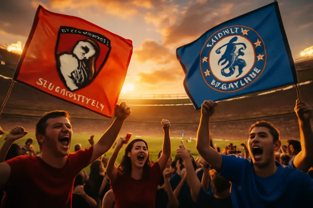Torcedores de Bournemouth e Chelsea ao pôr do sol segurando bandeiras, atmosfera de entusiasmo na partida Bournemouth x Chelsea ao.