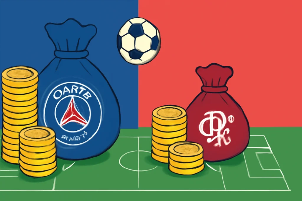 Imagem representando o PSG gasta quase 5 vezes mais que o Flamengo na montagem de elencos para a Copa Intercontinental, destacando a diferença de investimento