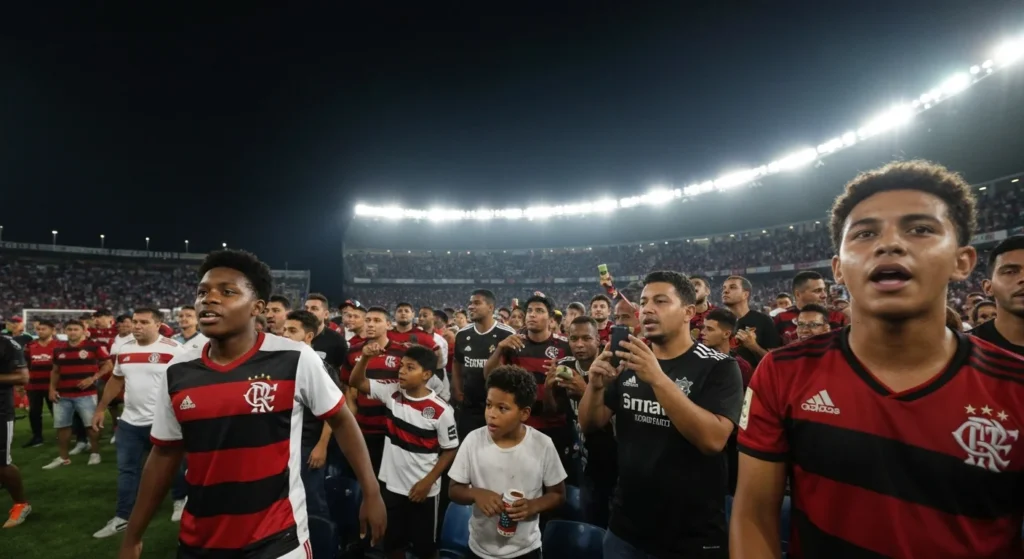 Cena moderna de um estádio de futebol cheio com torcedores de diversas culturas celebrando um gol, refletindo a fascinante jornada futebol brasileiro