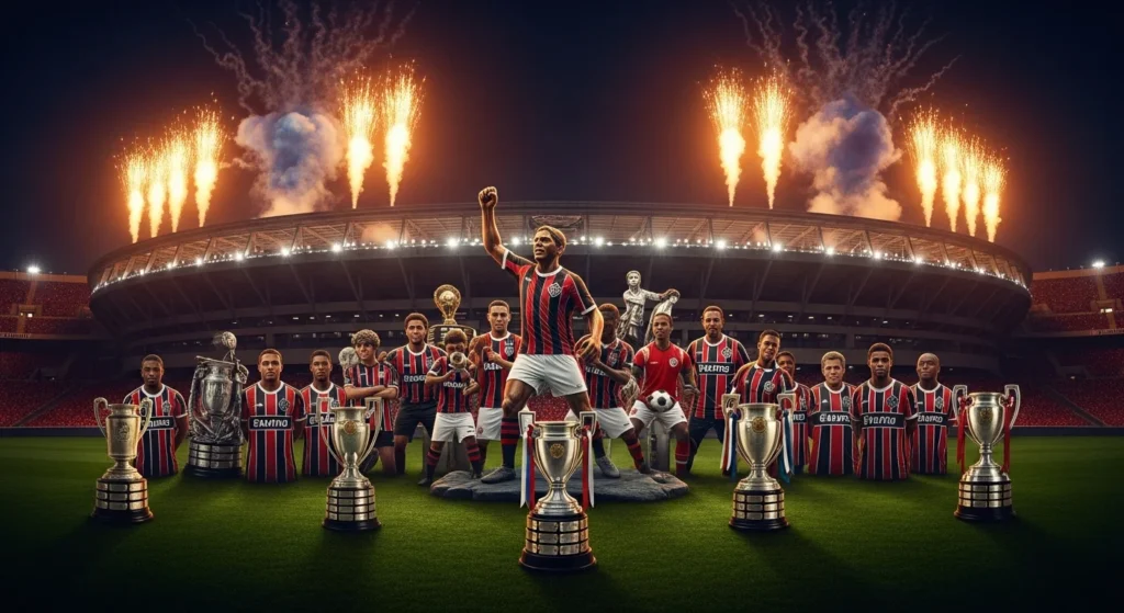 Imagem do estádio Maracanã vibrante, com torcedores rubro-negros, estátua de Zico e elementos do remos que simbolizam remo ao reinado mundial do Flamengo