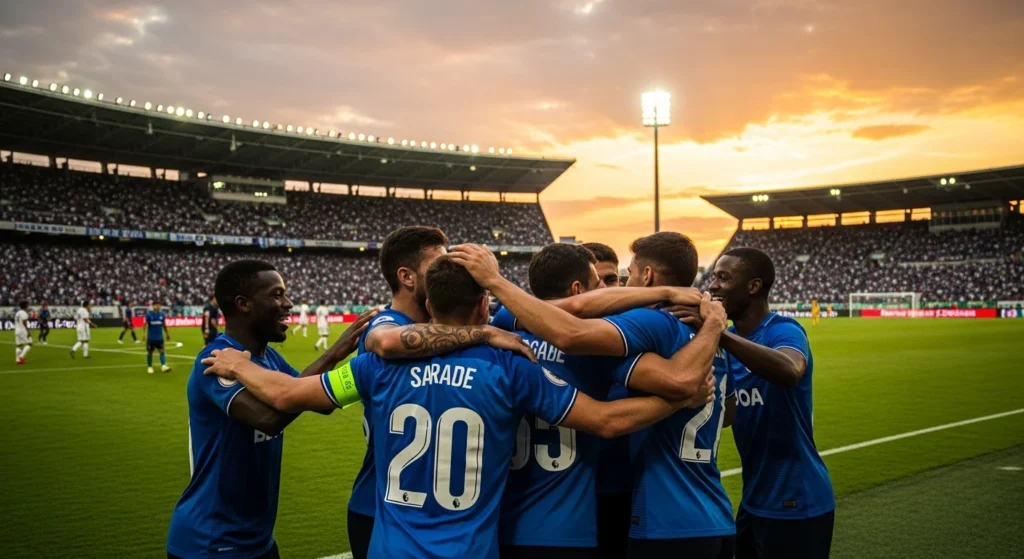 Partida de futebol em São Januário ao pôr do sol com jogadores diversos comemorando juntos, destacando Vasco Gama Cruz Malta.
