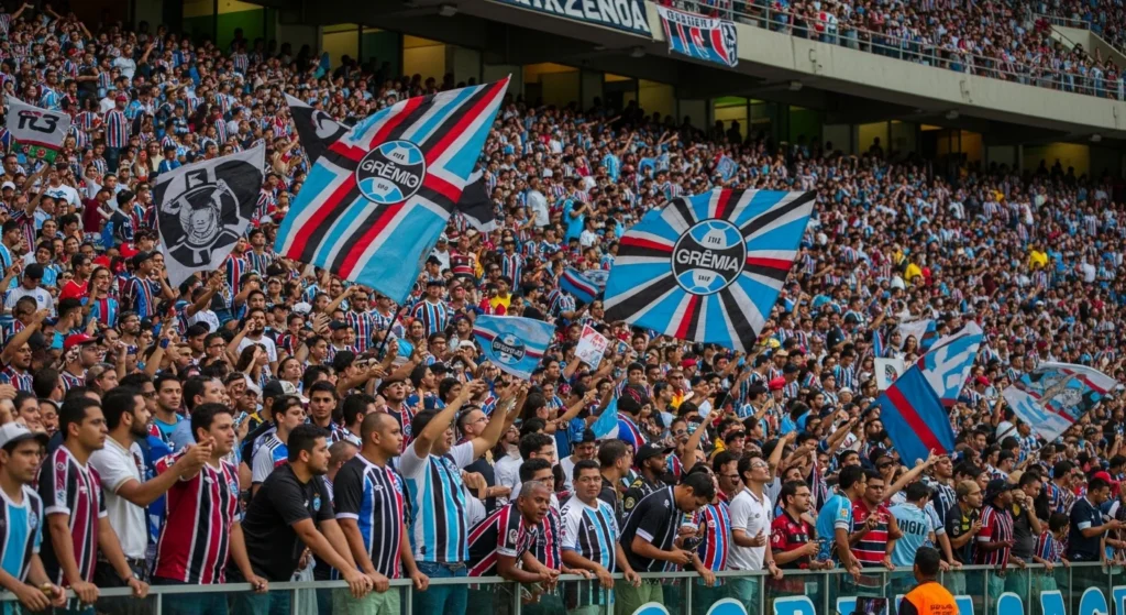 Torcida do Grêmio saga imortal tricolor vibrando com bandeiras na Arena, cores vibrantes e energia contagiante