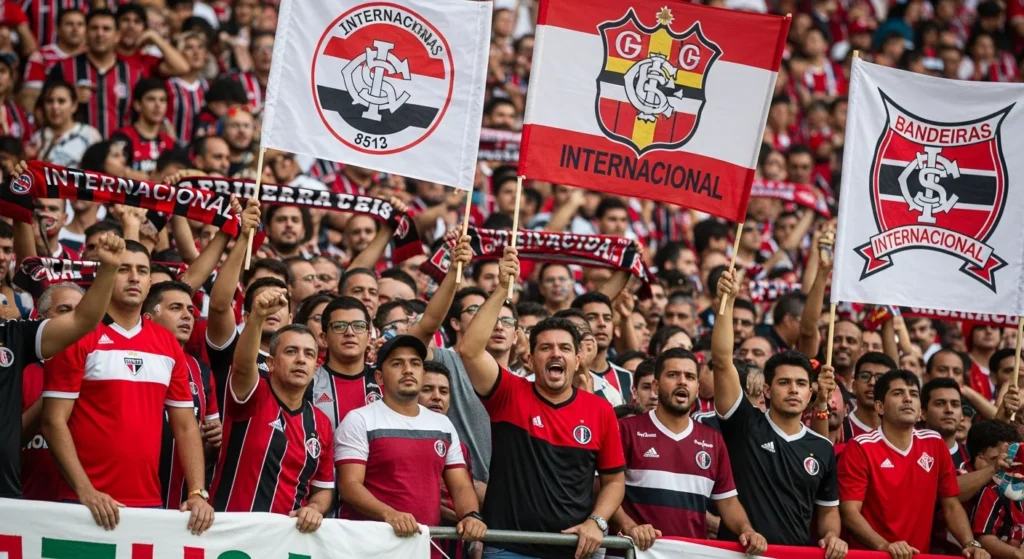 História do Internacional: A Paixão Colorada que Conquistou o Mundo e Lendas como Fernandão Torcida apaixonada do Internacional agitava bandeiras vermelhas e brancas no estádio Beira-Rio ao pôr do sol, celebrando a história internacional paixão colorada.