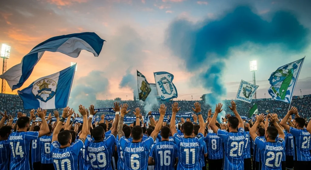 Cruzeiro: A História da Raposa Celeste e Suas Conquistas Épicas que Marcaram o Futebol Brasileiro Imagem da torcida do Cruzeiro na gigantesca estádio Mineirão ao entardecer, vibrando com camisetas celestes e bandeiras, celebrando a história e as conquistas da Raposa Celeste.