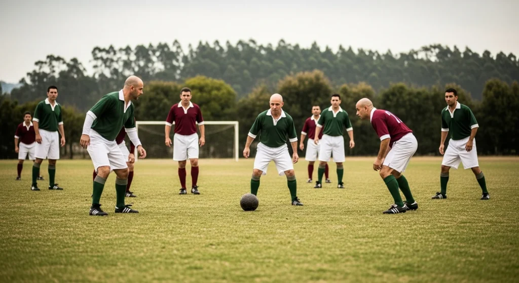 Cena de um campo de futebol antigo no Brasil, jogadores com roupas tradicionais do início do século XX, atmosfera nostálgica destacando o nascimento do futebol brasil elite.
