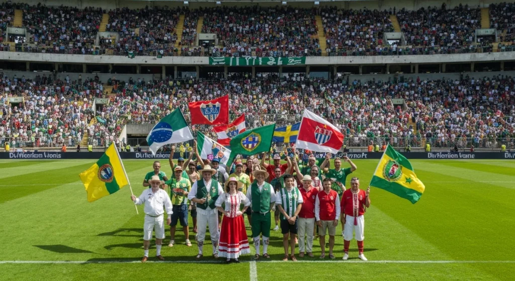 Imagem de estádio antigo com torcedores de origens europeias, destacando a chegada de imigrantes ídolos como chegada ao futebol brasileiro