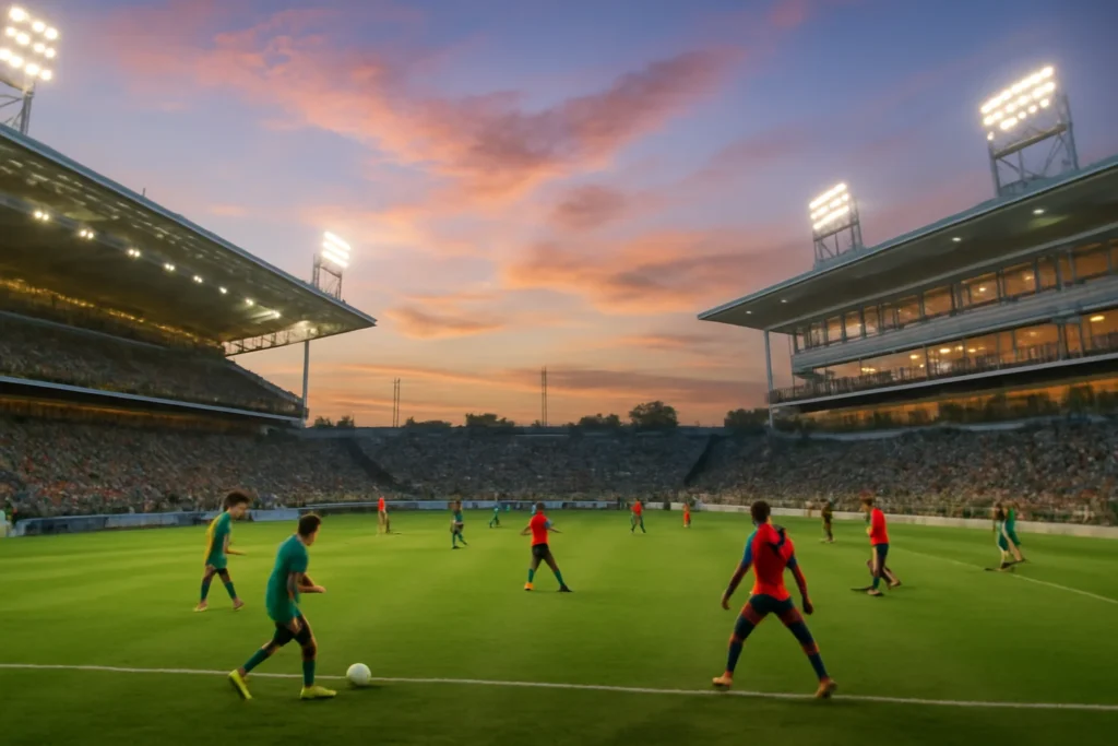 Cena do estádio à glória saga com jogadores profissionais treinando e torcedores no campo à glória saga ao entardecer