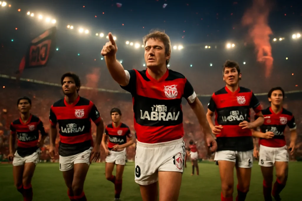 Cena 3D do Flamengo anos 80 era, com Zico, estádio cheio, bandeiras, confetes e atmosfera de celebração