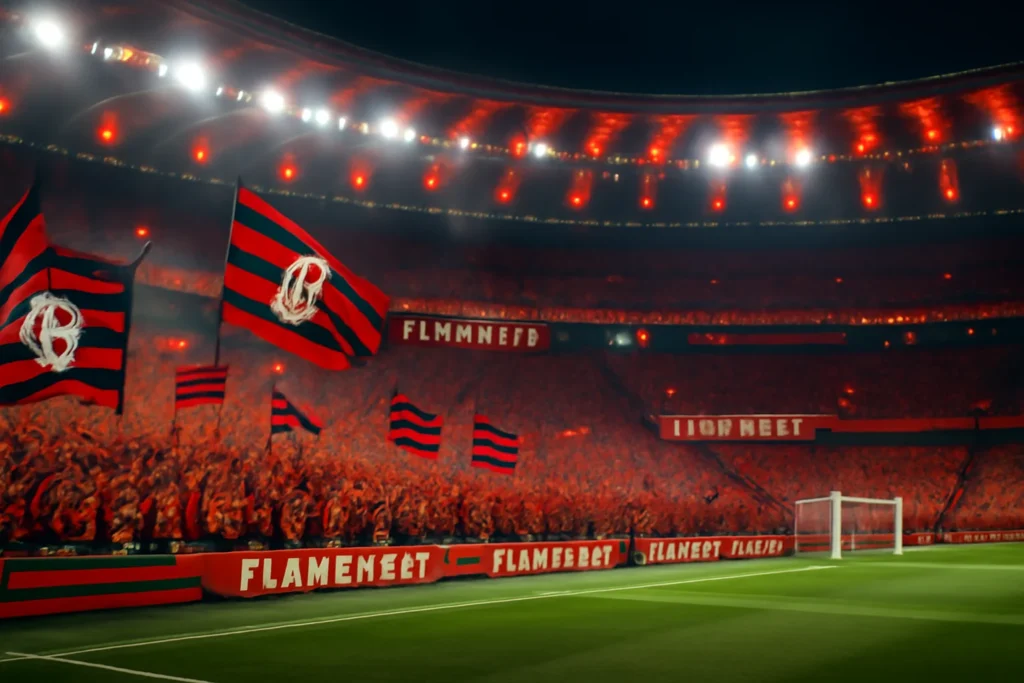 Renderização 3D do interior do Maracanã vibrante durante Flamengo, com torcida energizada, bandeiras e cores vermelha e preta.