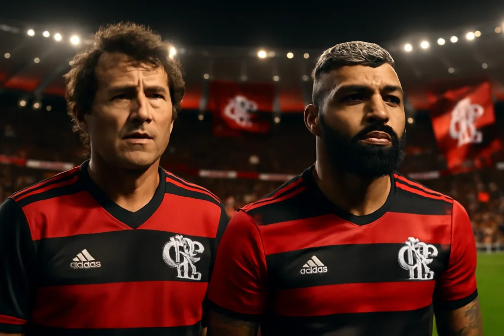 Cena de estádio do Flamengo com modelos 3D realistas de Zico e Gabigol, torcedores e elementos do clube em cores vivas.