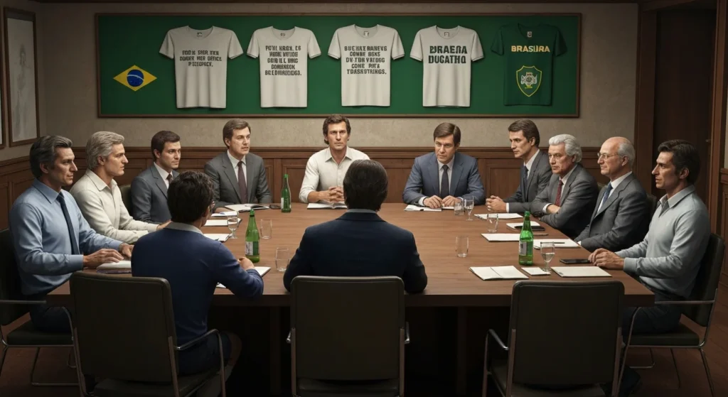 Reunião interna do clube com jogadores e dirigentes, simbolizando a democracia corintiana na ditadura brasileira