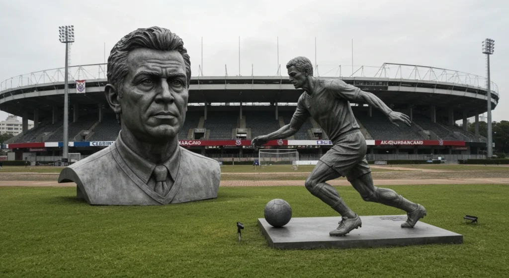 Estádio do Corinthians com estátua de Cássio segurando taça e Rivellino em movimento, destacando ídolos inesquecíveis Corinthians na jornada da torcida