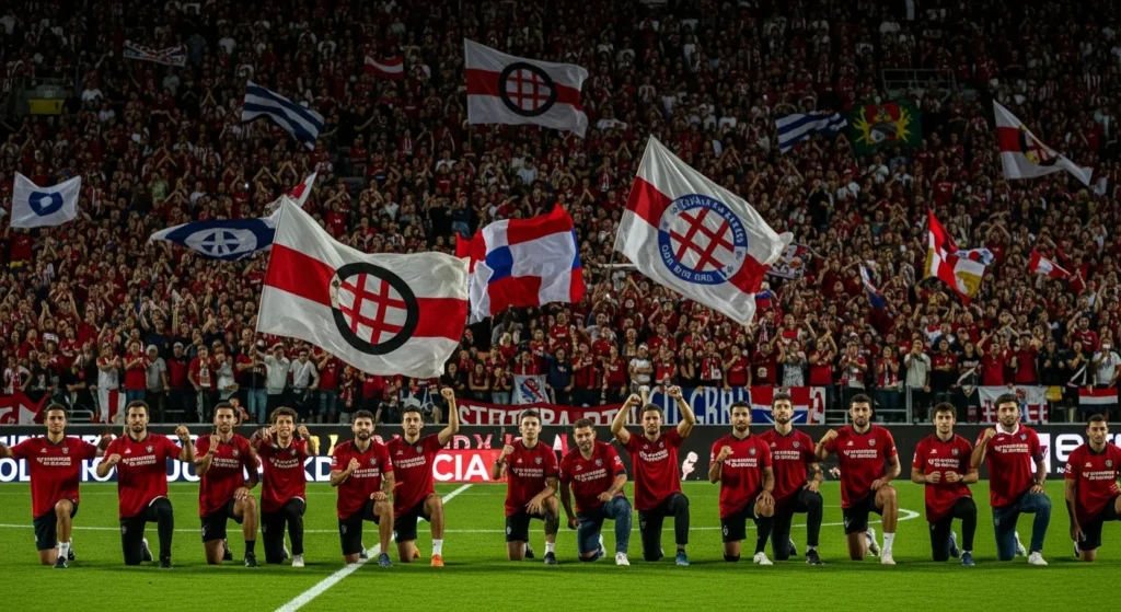 Fernando Diniz e o Desafio Histórico no Vasco: Quebrar a ‘Maior Fila do Brasil’ e Replicar o Sucesso Inédito da Libertadores com o Fluminense na Copa do Brasil Torcida vascaína vibrando no estádio à noite, com faixas e bandeiras em evento que representa o desafio histórico de Fernando Diniz