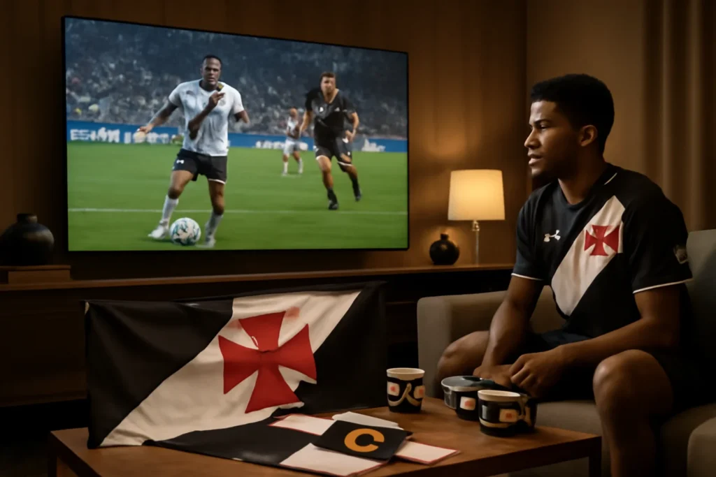 Cena de sala moderna com Andrey Santos assistindo Vasco na TV, bandeira do clube e objetos relacionados ao Vasco, atmosfera de torcida