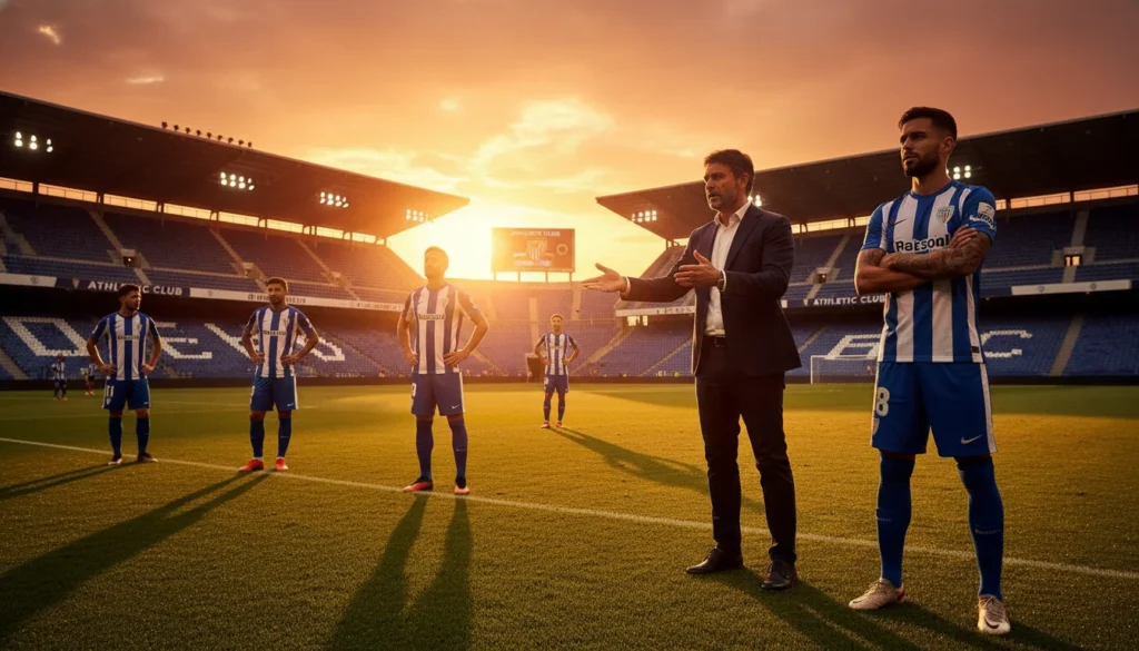 Imagem do técnico do Bilbao repreendendo o capitão durante jogo, em estádio ao pôr do sol com cores quentes