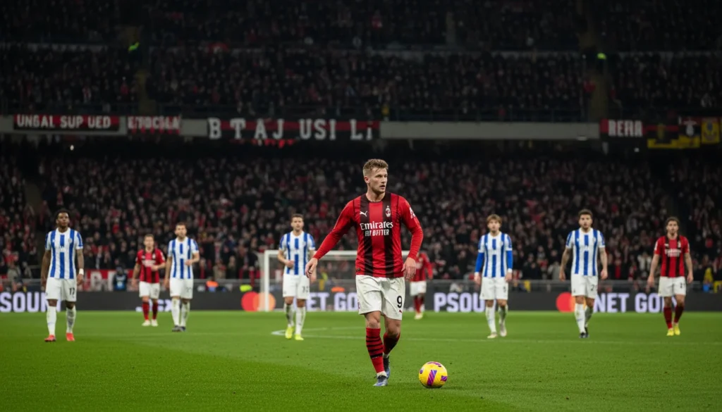 Cena de estádio com Niclas Füllkrug em uniforme do Milan, pleito da Bundesliga à Premier League, atmosfera vibrante ao entardecer