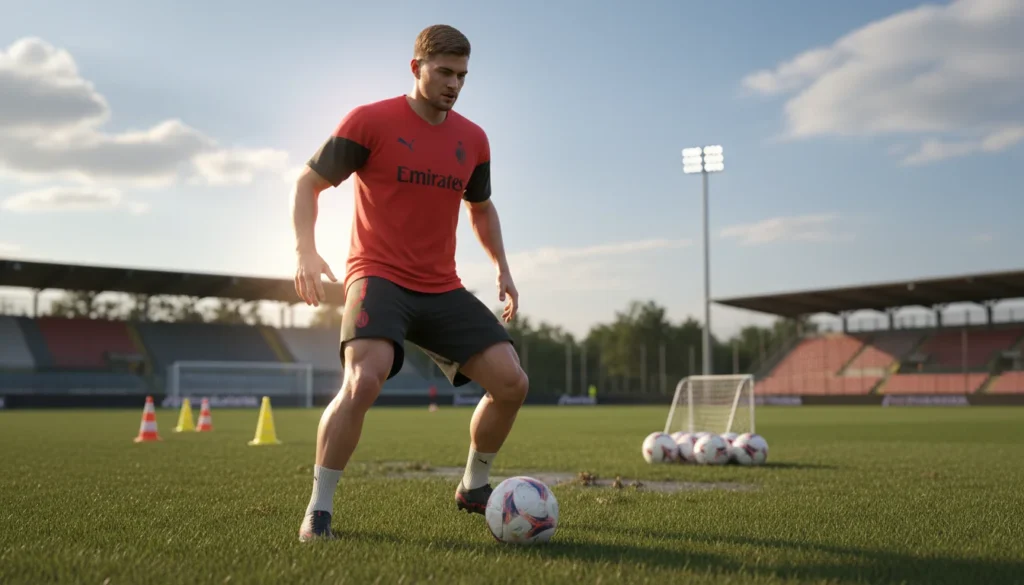 Imagem realista em 3D de Niclas Füllkrug treinando sozinho, destacando sua musculatura e uniforme do Milan