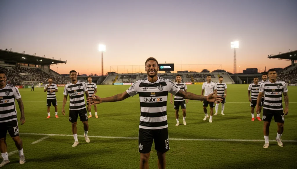 Santos inicia 2026 com Neymar garantido e expectativa pela chegada de Gabigol para reforçar o ataque Cena no CT Rei Pelé com Neymar sorrindo, destaque na imagem da capa de Santos inicia 2026 Neymar