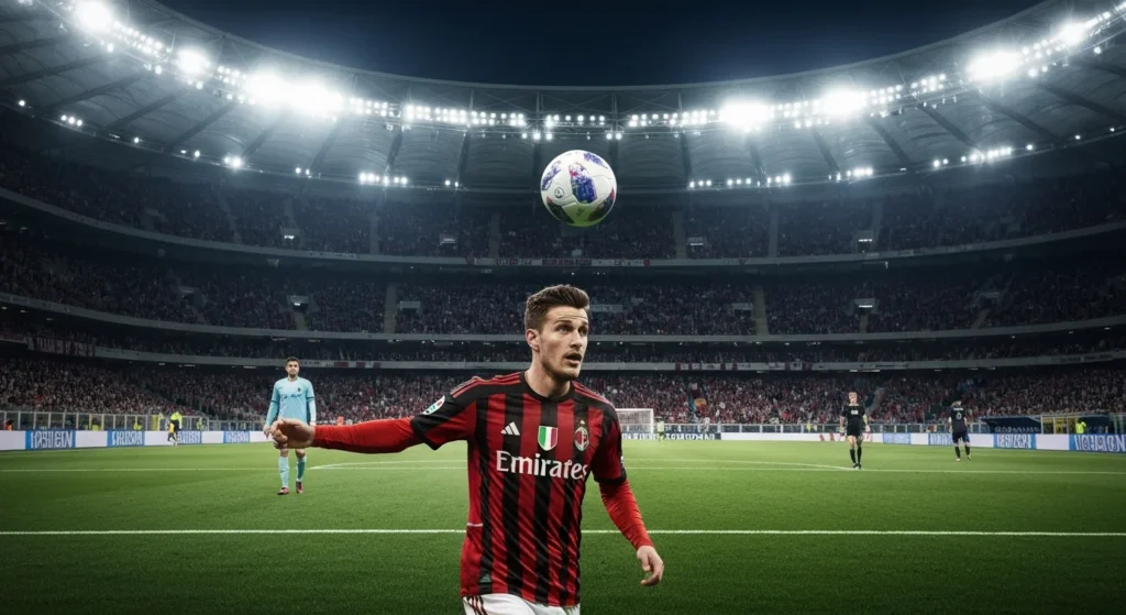 Jogador alemão em uniforme do Milan no estádio italiano vazio, símbolo de artilheiro Bundesliga reserva premier buscando redenção