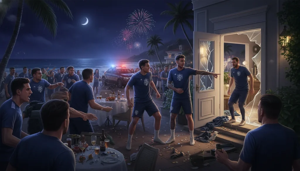 Imagem horizontal com ação do lateral Fortaleza se envolvendo em confusão na festa de Ano Novo