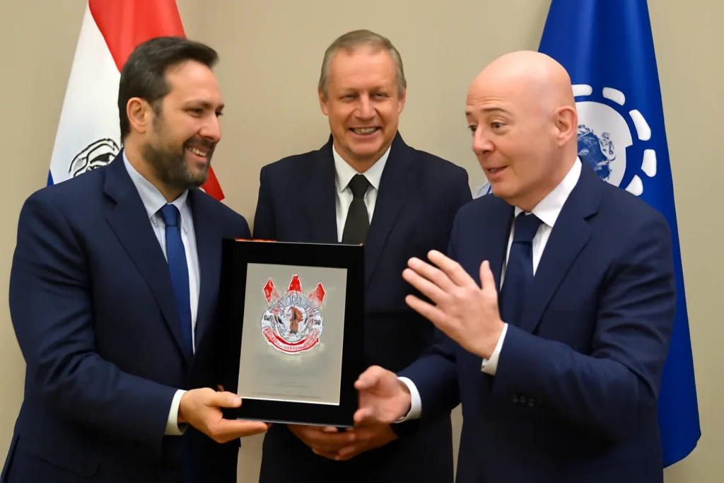 Imagem de capa com Marcelo Paz entregando placa do Corinthians à Conmebol em evento no Paraguai, evocando a palavra-chave "marcelo paz entrega placa"