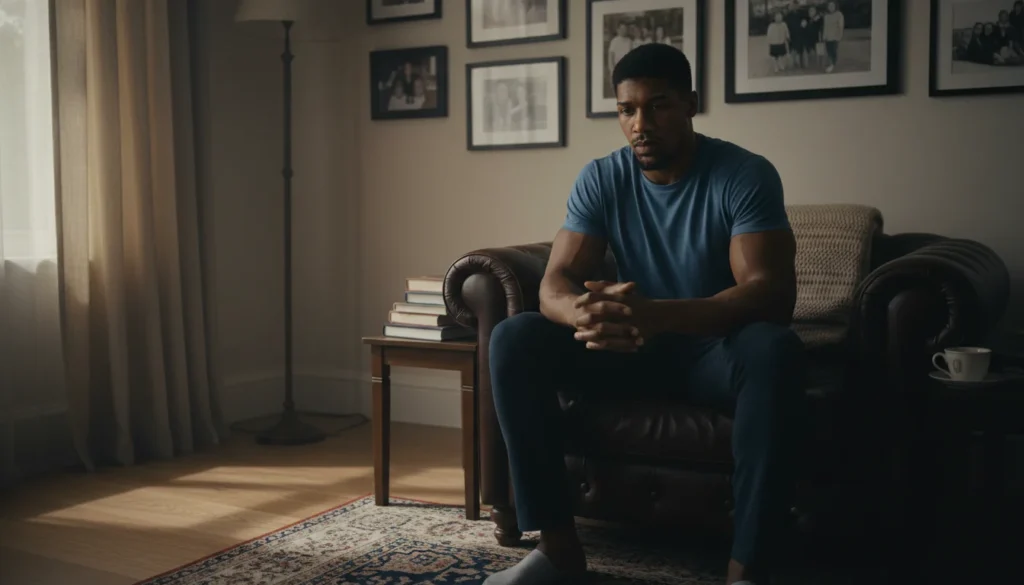 Anthony Joshua recebe alta sentado em sala silenciosa, com expressão sombria, fotos de família ao fundo e iluminação suave, refletindo recuperação.