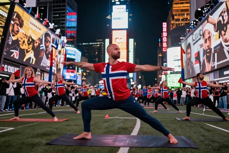 Torcida da Noruega inova na Times Square e mistura celebração viking com yoga