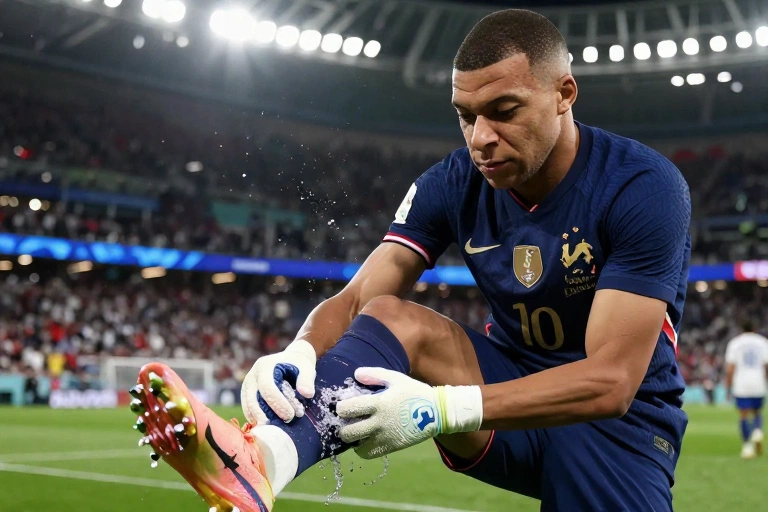 Mbappé aplica gelo no pé após susto: atacante francês passa bem e França segue firme na Copa
